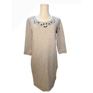 Ann Taylor Petite Gray Embellished Neckline Sweatshirt Dress 3/4 Sleeve SP